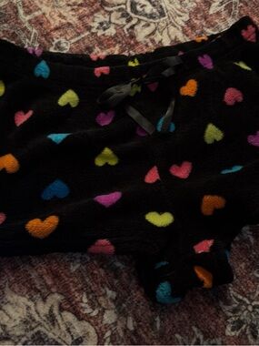 Bobbie Brooks Black Fleece Pajama Shorts with Multicolor Hearts